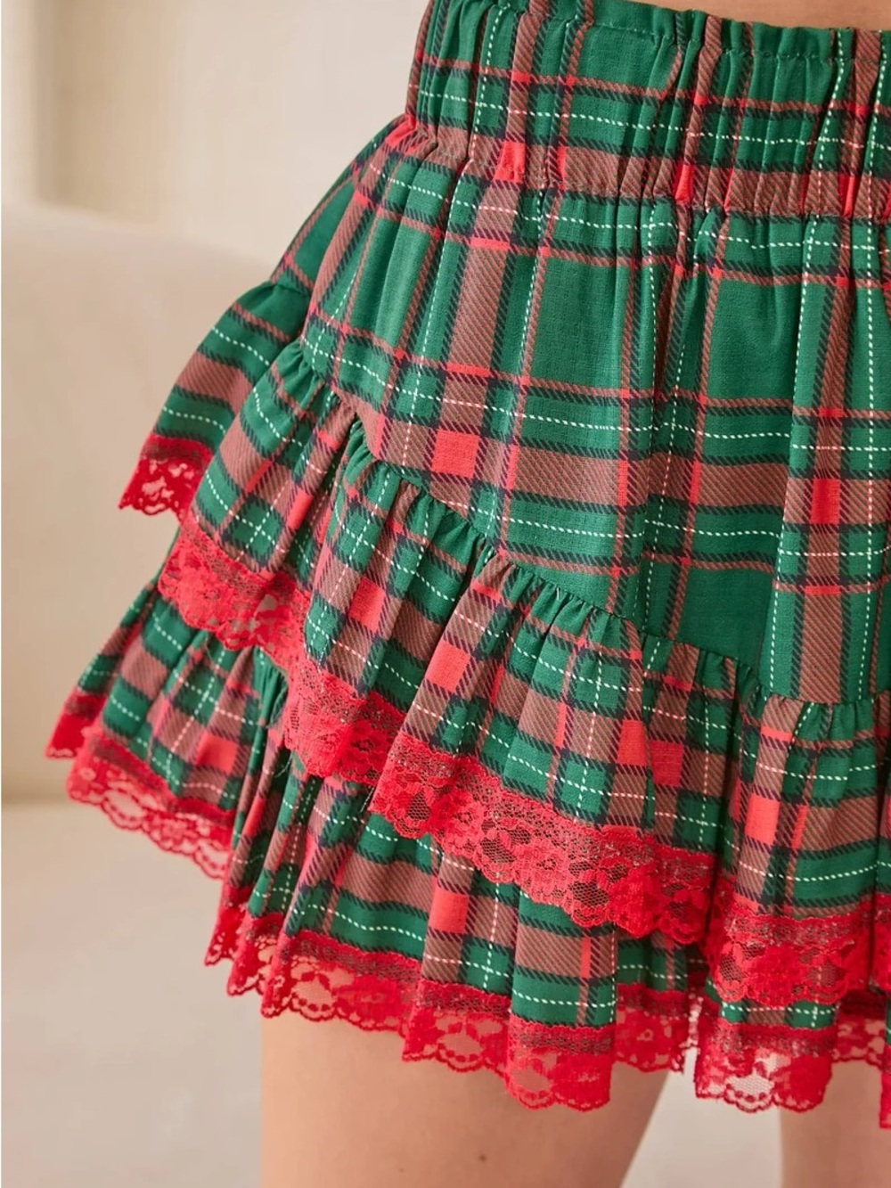 Green and Red Plaid Ruffle Mini Skirt with Lace Trim